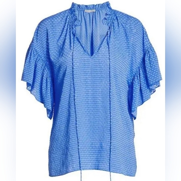 Alice + Olivia Julius Ruffle Peasant Blouse Blue Top Solid  Swiss Dot Ties  XS - Picture 7 of 17